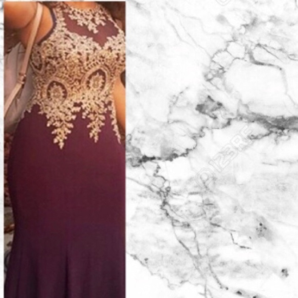 Women’s burgundy and gold dress